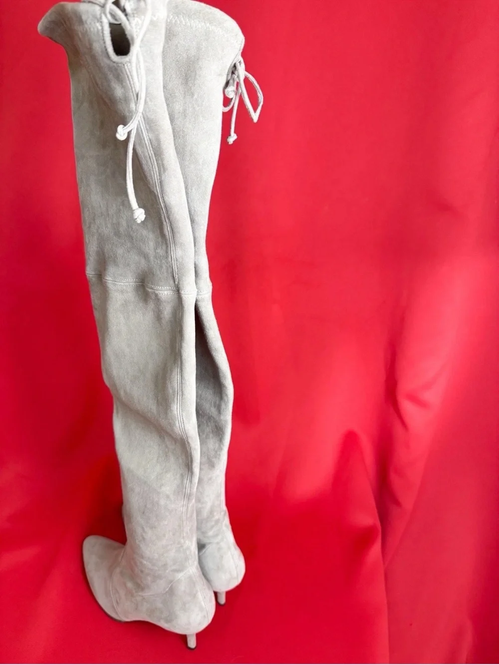 US 10.5 Spain Stuart Weitzman Boots Over Knee Suede Heel Almond Toe Light Grey